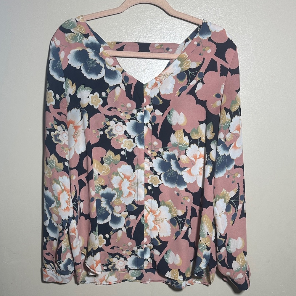 Loft Navy Pink Floral Printed Career Top | Medium - Picture 1 of 5